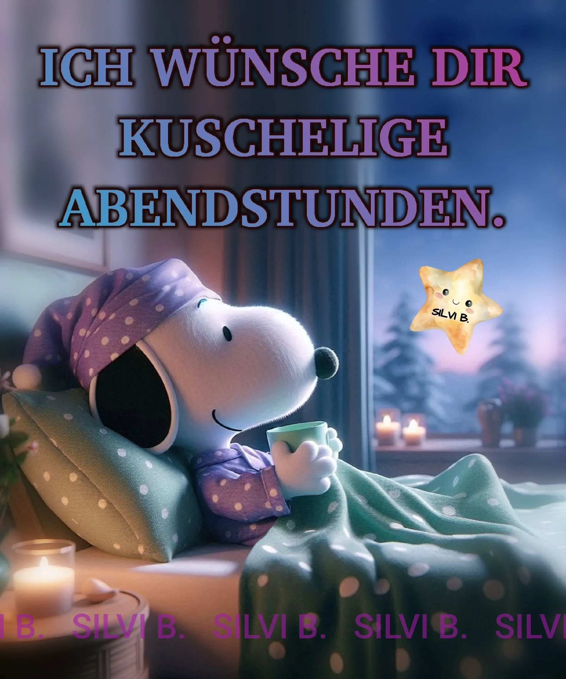 Snoopy liegt gemütlich im Bett mit Schlafmütze, trinkt aus einer Tasse. Im Hintergrund ist es dunkel, Kerzen brennen und ein kleiner lächelnder Stern fliegt.